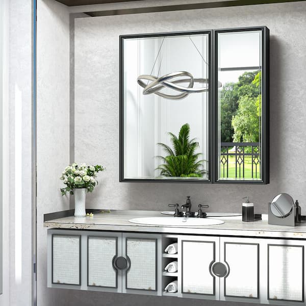 KeonJinn 30 in. W x 32 in. H Rectangular Brass Aluminum Alloy Black Framed Recessed/Surface Mount Medicine Cabinet with Mirror