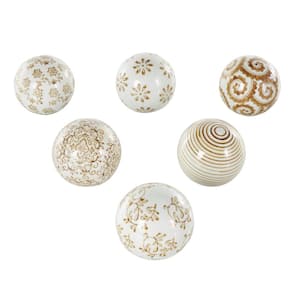 White Handmade Ceramic Glossy Decorative Ball Orbs and Vase Filler with Brown Floral and Scroll Patterns (6- Pack)
