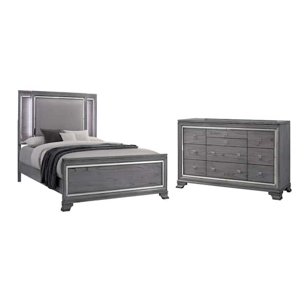 Furniture of America Tannon 2-Piece Light Gray Queen Wood Bedroom Set, Bed and Dresser
