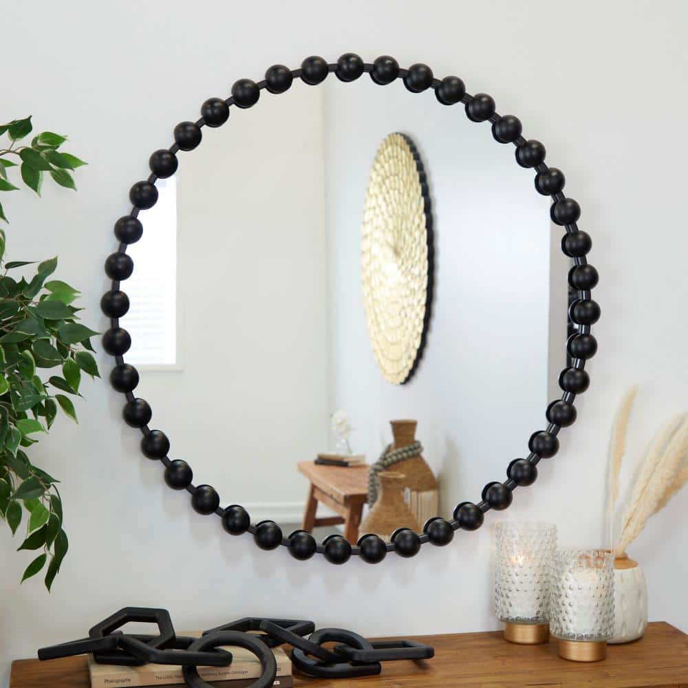 36" Round Black Beaded Frame Wall Mirror