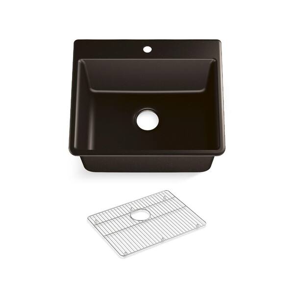 KOHLER Kennon Top-Mount/Undermount Neoroc Granite Composite 25 in. Single Bowl Kitchen Sink in Matte Brown with Basin Rack