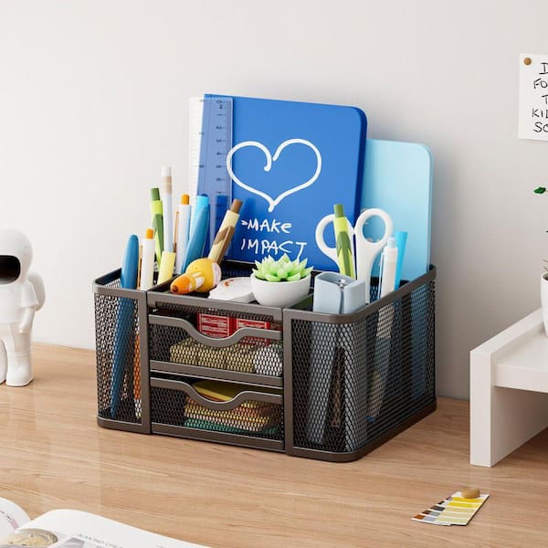 Black 6.50 in. x 11.22 in. Mesh Desk Organizer with 2-Drawers, Multi-Functional Pencil Holder for Office Art Supplies