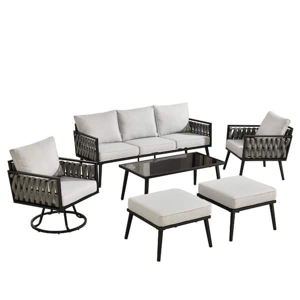 Velora 6-Piece Patio Conversation Braided Sofa Swivel Rocking Chair Set with Ottomans and Light Gray Cushions