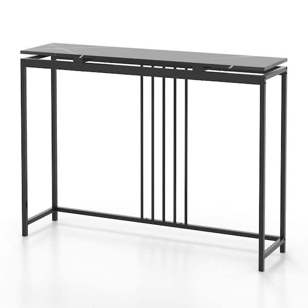 Costway 48 in. Black Rectangle Wood Console Table Entrance Couch Table Narrow Faux Marble Top for Living Room