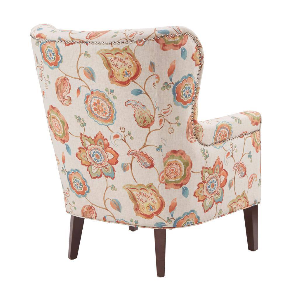 Floral Cream Wingback Accent Chair with Wood Legs