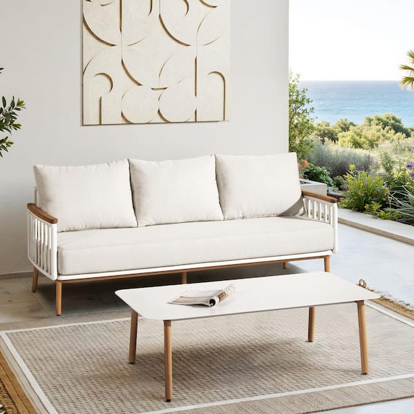 Jennifer Taylor Calarono 2-Piece Teak and Aluminum Outdoor Sofa and Coffee Table Patio Set in Sand Dune Chenille