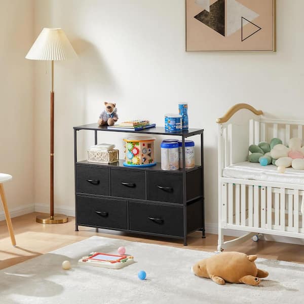 WONDER COMFORT Modern Black 5-Fabric Drawer 11.8 in. Wide Chest of Drawers with Open Shelf and TV Stand for 45 in. TV Living Room