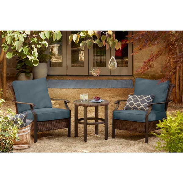 Hampton Bay Harper Creek 3-Piece Brown Steel Outdoor Patio Chair Set with Sunbrella Denim Blue Cushions