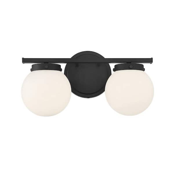 Savoy House 16 in. W x 8 in. H 2-Light Matte Black Bathroom Vanity Light with White Glass Shades