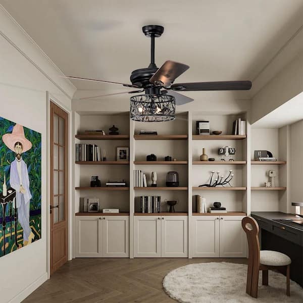 TaiMei 52 in. Indoor Matte Black Reversible AC Motor Crystal Chandelier Ceiling Fan with Light and Remote Control