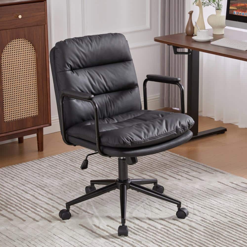Faux Leather Reclining Office Chair in Black Gray Swivel Desk Task Chair with Padded Armrest for Office, Bedroom