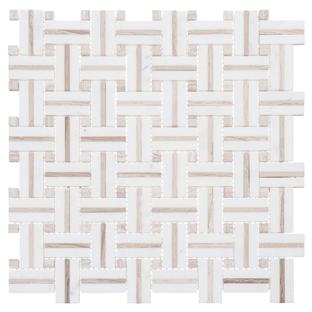 Jacard White and Tan Natural Stone Basketweave Mosaic Tile
