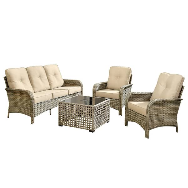 Ruby 4-Piece Wicker Outdoor Furniture Patio Conversation Sofa Set with a Solar-LED Coffee Table and Beige Cushions