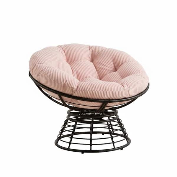 36 in. Modern Wicker Papasan Chair with Pink Cushion, Swivel Rattan Round Chair for Patio
