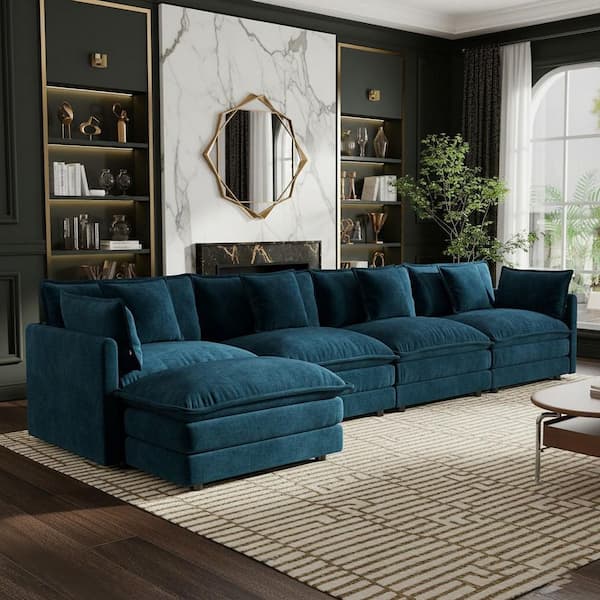 HEAT 146.5 in. Track Arm 5-Piece Chenille Sectional Sofa with 1 Reversible Ottoman and Deep Seat, in Sapphire Blue