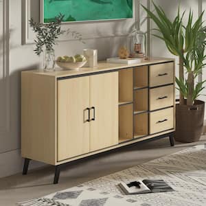 Burly Wood Color and Black 3 Drawers 61.4 in. Width Wooden Dresser, Storage Cabinet with 2 Doors and 5 Open Shelves
