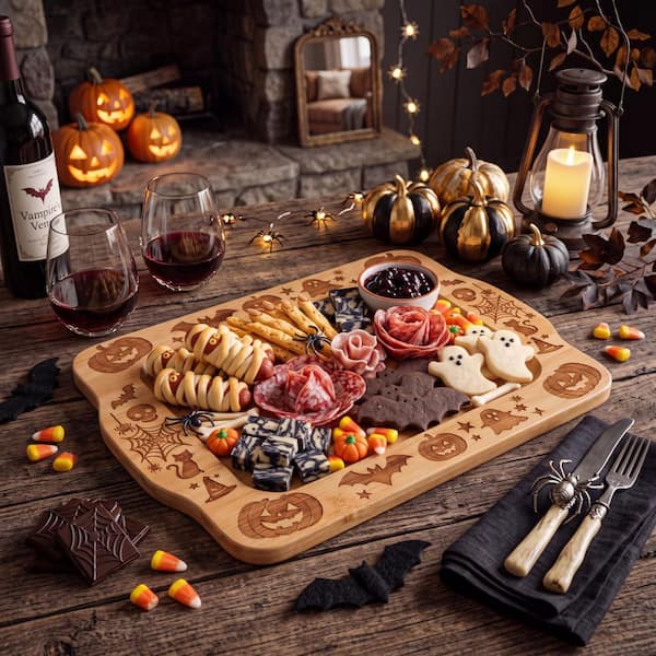 15 in Halloween Laser Engraved Natural Wooden Bamboo Serving Board with Raised Edge