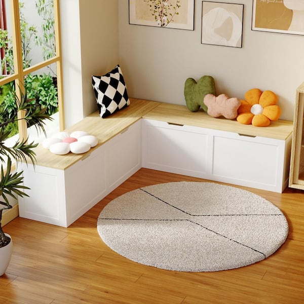 White and Wood Grain L-Shaped Dining Storage Bench, Breakfast Nook Seating without Back with 2 Compartments, 63 in. W