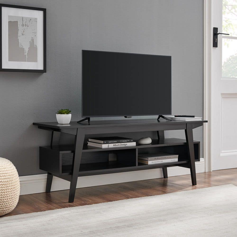 Black Solid Wood Japandi TV Stand with Open Shelving, 47 Inch