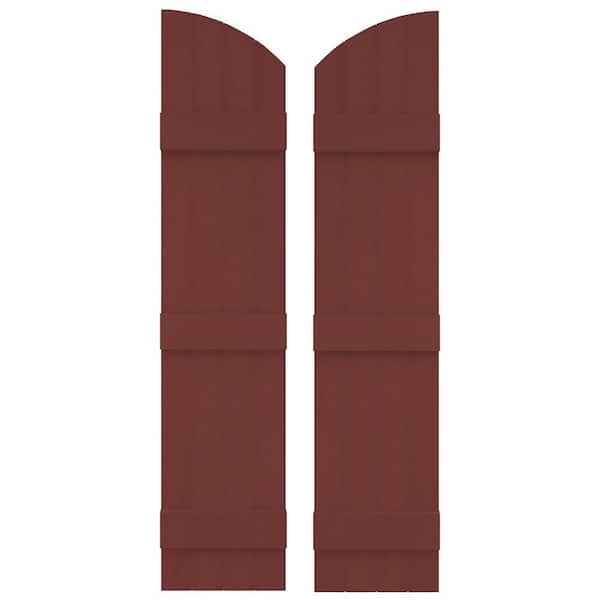 14 in. W x 81 in. H Vinyl Exterior Arch Top Joined Board and Batten Shutters Pair in Burgundy Red
