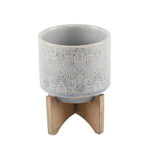 4.25 in. Glass Blue Star Ceramic Plant Pot on Wood Stand Mid-Century Planter