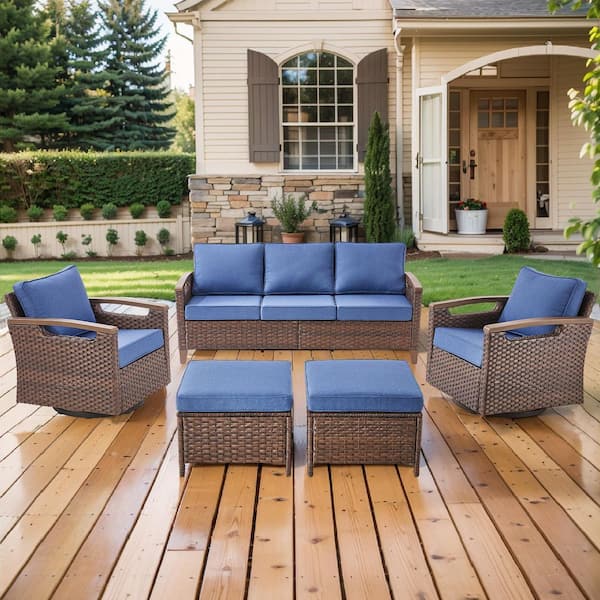 Kelsey Blue 5-Piece Brown Wicker Patio Conversation Seating Sofa Set with Swivel Chairs and Ottomans