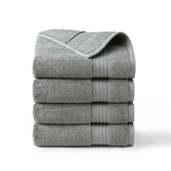 TOWN & COUNTRY LIVING Solid Dobby Border Cotton 20 in. x 30 in. Gray Hand Towel Set 4-Pack