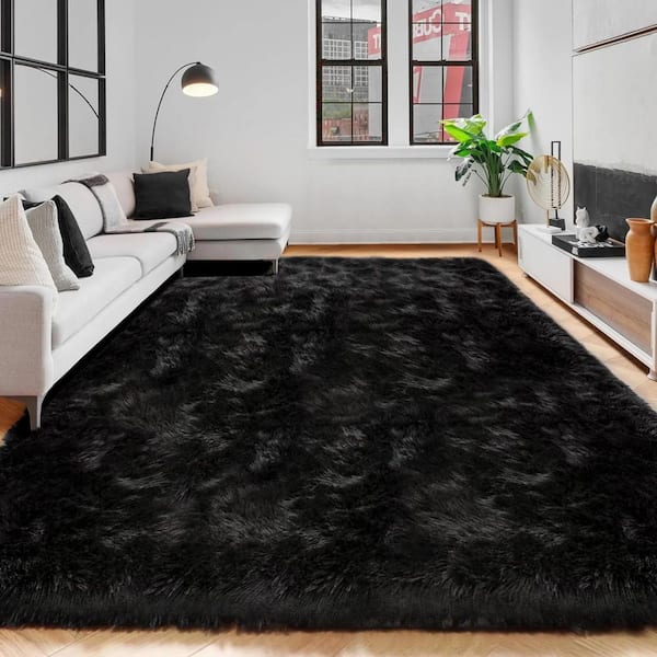 Sheepskin Faux Furry Black Cozy Rugs 8 ft. x 10 ft. Area Rug