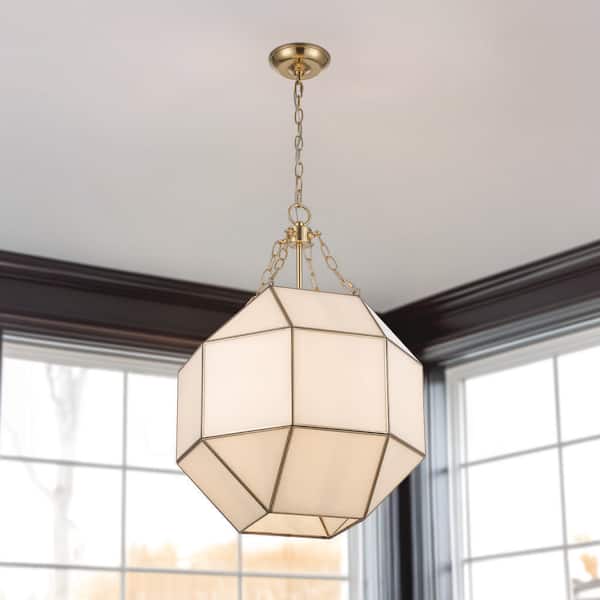 Ellis 18.5 in. 3-Light Gold Pendant Light Fixture with Satin White Glass Panels