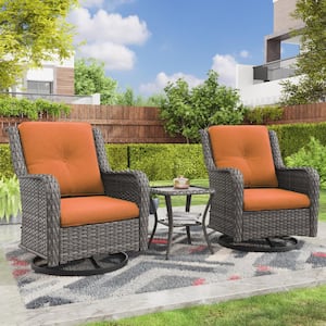 3-Piece Wicker Swivel Outdoor Rocking Chairs Patio Conversation Set with Orange Cushions