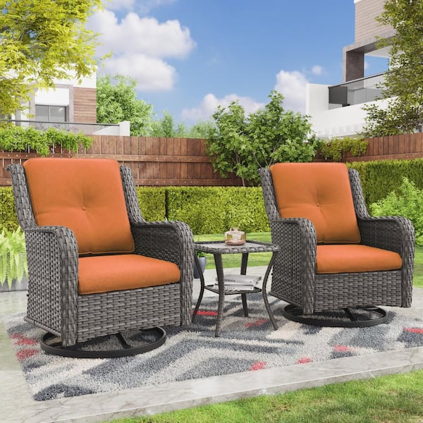 JOYSIDE 3-Piece Wicker Swivel Outdoor Rocking Chairs Patio Conversation Set with Orange Cushions
