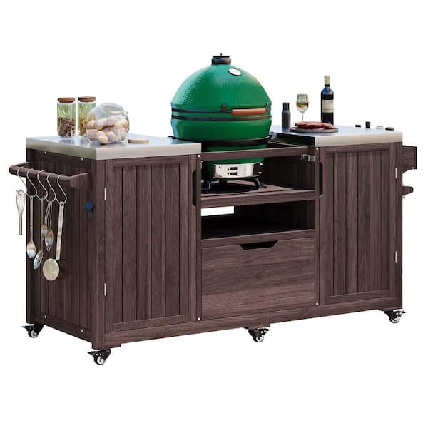 66.5 in. Dark Brown Outdoor Grill Cart Kitchen Island with Stainless Steel Top, Drawer, Large Big Green Egg