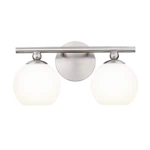 Neoma 13.5 in. 2 Light Brushed Nickel Vanity Light with Opal Etched Glass Shade with No Bulbs Included