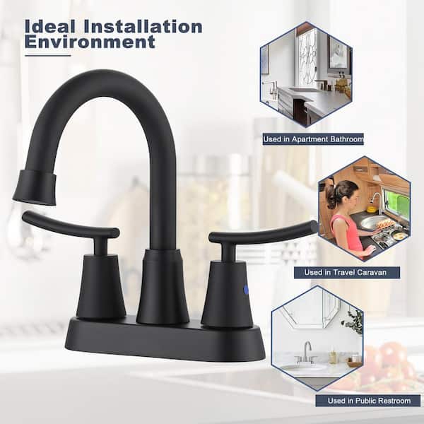 4 in. Centerset Double Handle High-Arc Bathroom Faucet with Supply Lines and Pop Up Drain Kit Included in Matte Black