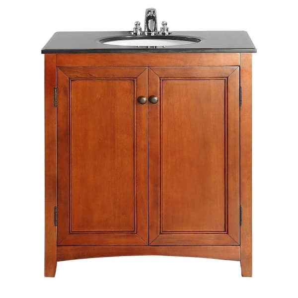 Simpli Home Yorkville 30 in. Vanity in Cinnamon Brown with Granite Vanity Top in Black and Undermounted Oval Sink-DISCONTINUED