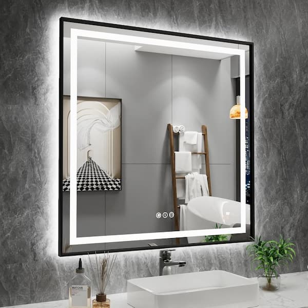 KIOTEE 38 in. W x 38 in. H Square Framed Front and Back LED Lighted Anti-Fog Wall Bathroom Vanity Mirror in Tempered Glass