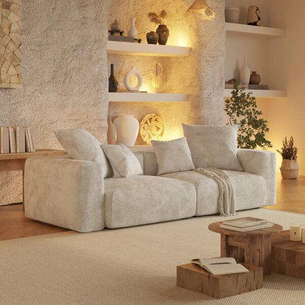 Modern 102 in. Square Arm Corduroy Modular Oversized Floor Sofa Loveseat with Removable Covers for Apartment in Beige
