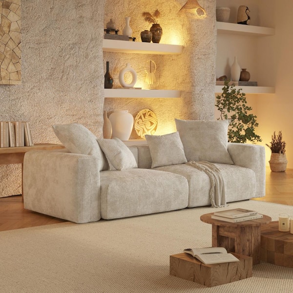 Large Deep Seat 102 in. Corduroy 2-Seater Loveseat Floor Sofa with Washable Covers in Beige for Bedroom Reading Office