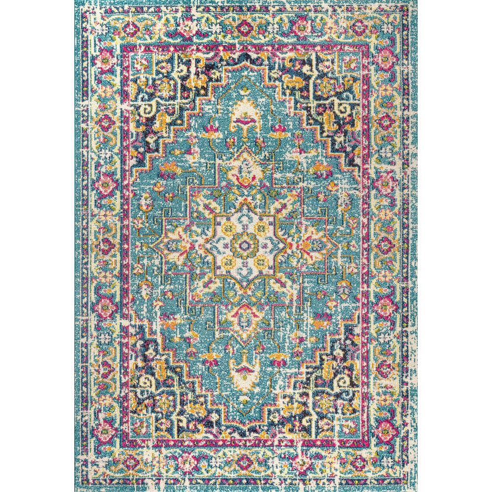 Blue Rectangular Medallion Synthetic Easy Care Rug