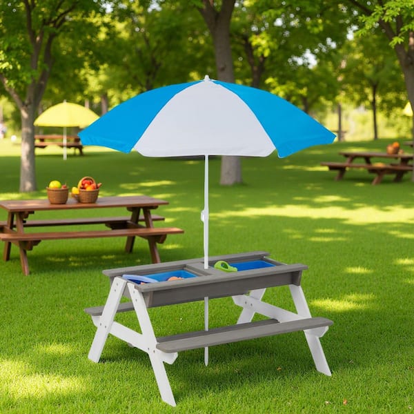 37 in. Gray Rectangle Wood Kids Picnic Tables Seat-4 Kids with Umbrella