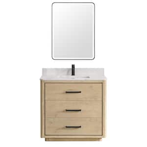 Porto 36 in. W x 22 in. D x 33.8 in. H Single Sink Bath Vanity in Natural Oak with White Quartz St1 Top and Mirror