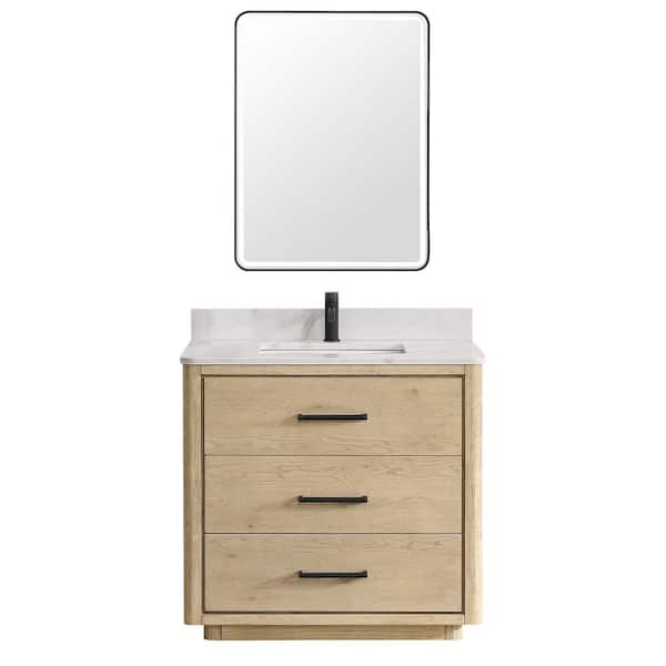ROSWELL Porto 36 in. W x 22 in. D x 33.8 in. H Single Sink Bath Vanity in Natural Oak with White Quartz St1 Top and Mirror