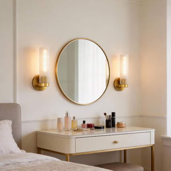 3 in. 1-Light Brushed Gold Wall Sconce 2-Pack, Modern Farmhouse Bathroom Wall Light with Frosted Glass