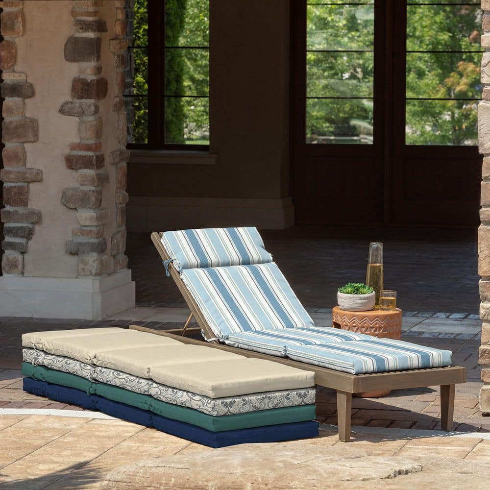 French Blue Linen Stripe Outdoor Chaise Lounge Cushion, 72 x 21