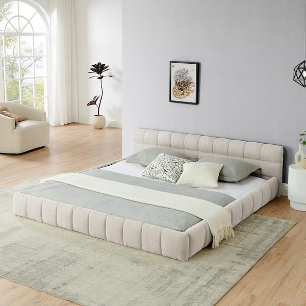 Modern Beige Wood Frame King Chenille Upholstered Platform Bed with Headboard