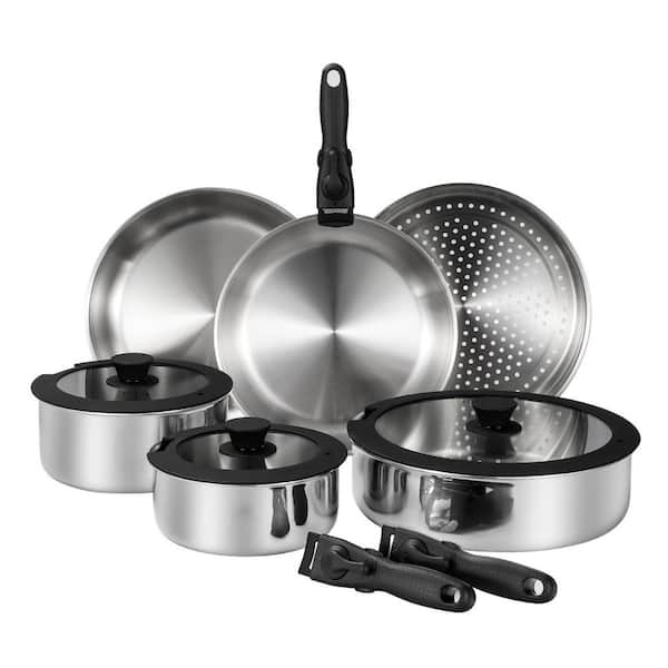 20-Piece Stainless Steel Kitchen Cookware Set with Removable Handle, 3-Ply Pots and Pans Set, Space Saving Induction