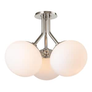 Goouu 17.3-in.W 3-Light Polished Nickel Modern Semi-Flush Mount with White Large Frosted Glass Flat Ball Shade