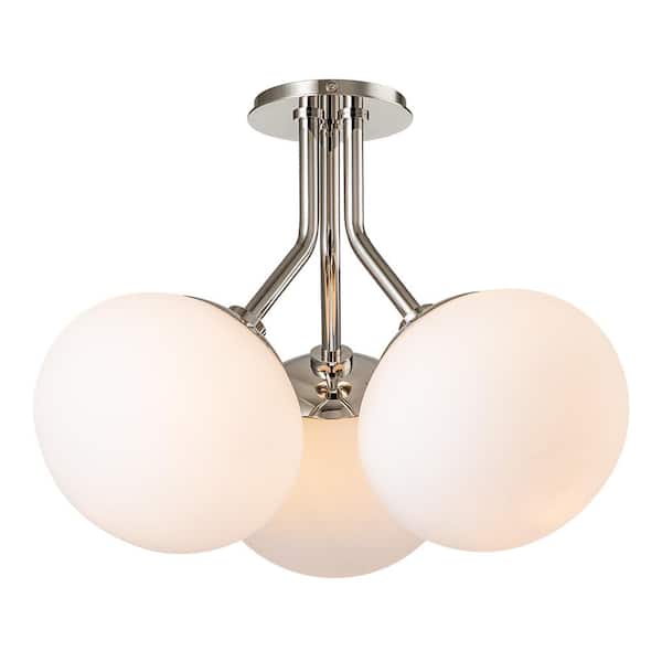 HUOKU Goouu 17.3-in.W 3-Light Polished Nickel Modern Semi-Flush Mount with White Large Frosted Glass Flat Ball Shade