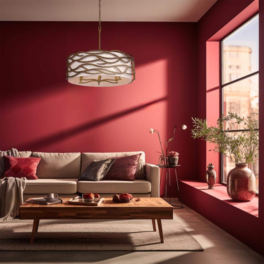 Textured Ashen Gold 6-Light Indoor Drum Pendant with Fabric Shade