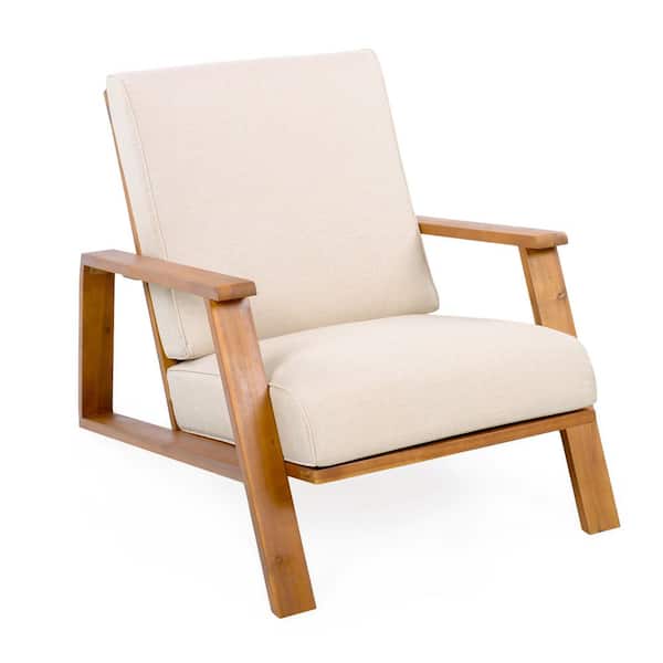 Teak Acacia Wood Outdoor Lounge Chair Club Chair with Beige Cushion